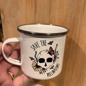 White Camping Metal and Enamel Mug with Skull and Floral Design